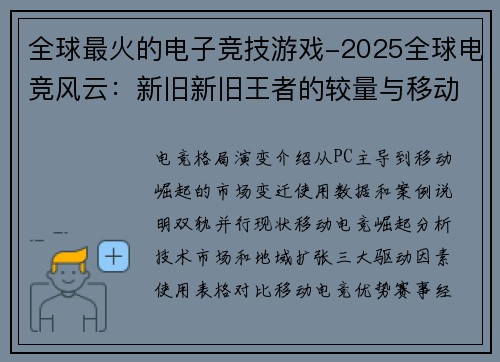 全球最火的电子竞技游戏-2025全球电竞风云：新旧新旧王者的较量与移动浪潮的崛起