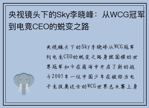 央视镜头下的Sky李晓峰：从WCG冠军到电竞CEO的蜕变之路